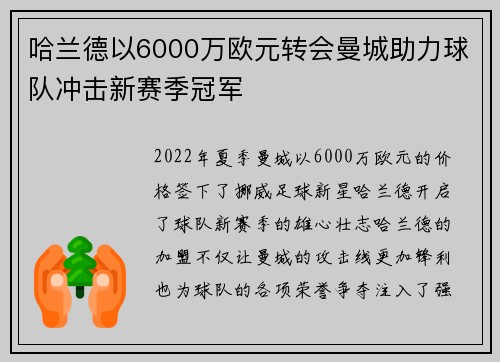 哈兰德以6000万欧元转会曼城助力球队冲击新赛季冠军 哈兰德以6000万欧元转会曼城助力球队冲击新赛季冠军