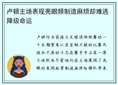卢顿主场表现亮眼频制造麻烦却难逃降级命运