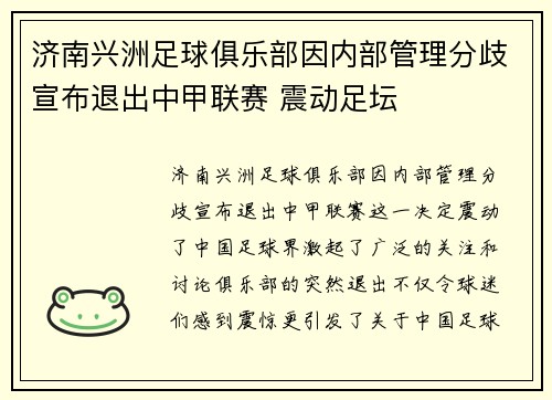 济南兴洲足球俱乐部因内部管理分歧宣布退出中甲联赛 震动足坛
